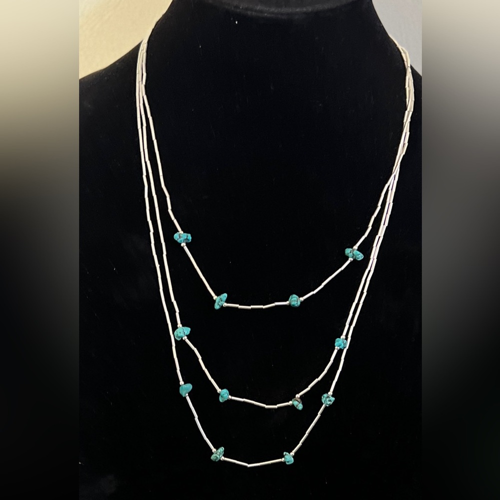 Navajo three strand liquid silver and turquoise necklace